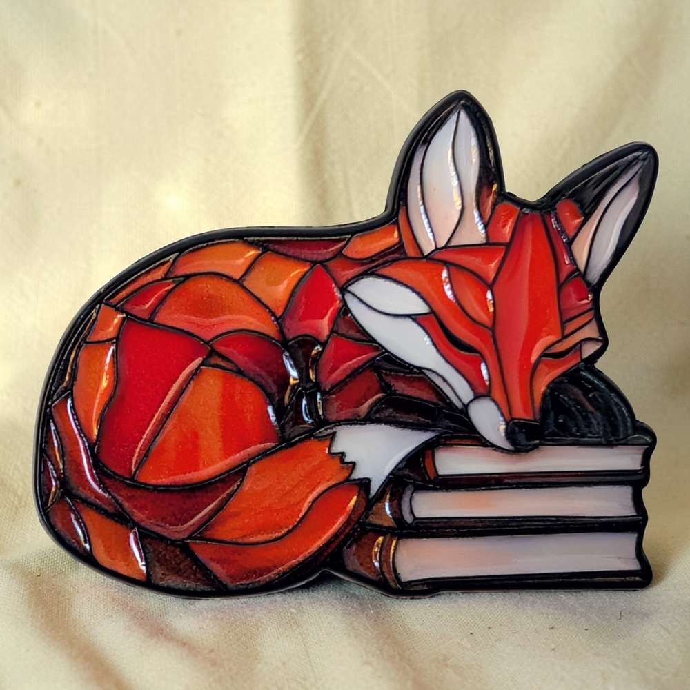 Sweet Fox Sleeping On Books Enamel Pin- Orange and Black
